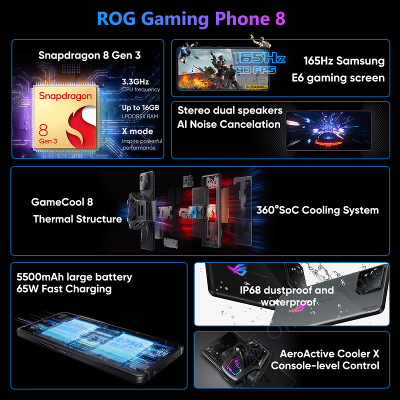 2024เวิลด์พรีเมียร์ ASUS โทรศัพท์8 Snapdragon 8 Gen 3 5G สมาร์ทโฟน6.78 ''165Hz E-Sports Screen 65W ชาร์จ NFC ROG 8 Pro