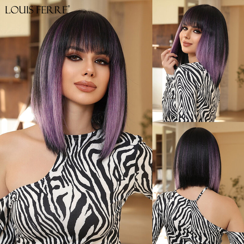 LOUIS FERRE Black Purple Ombre Short Straight Bob Synthetic Wigs For Women Natural Hair With Bangs For Cosplay Party Fiber Wigs