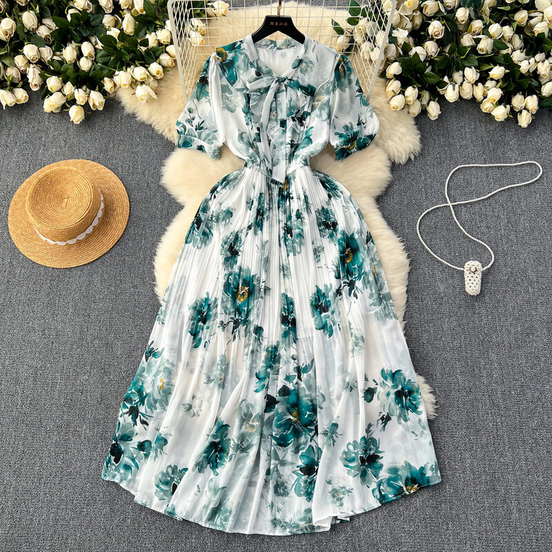 女性のためのフレンチスタイルのヴィンテージ半袖ドレス,休暇のためのエレガントな夏服,春のファッション