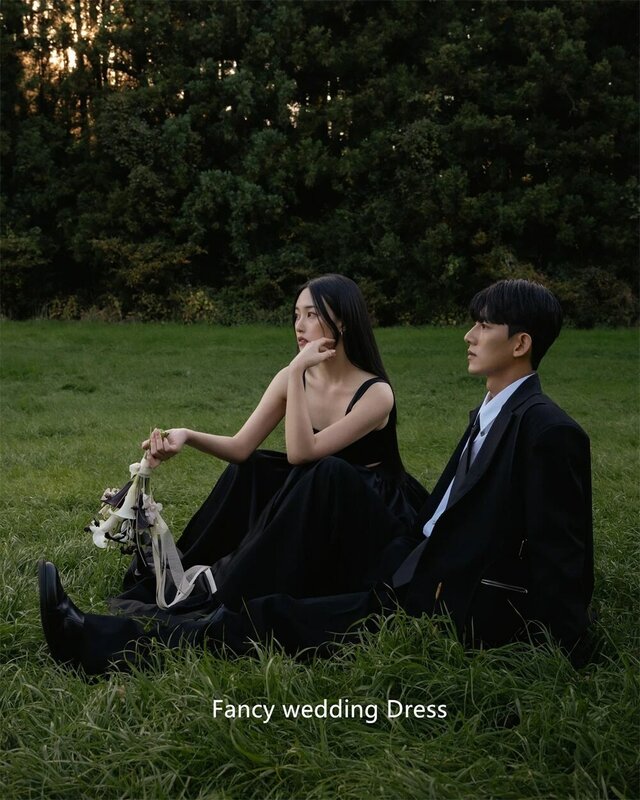 ชุดเดรสแต่งงาน2ชิ้นสีดำหรูหราแฟนซีผ้าแพรแข็งสไตล์เกาหลีสำหรับถ่ายรูป