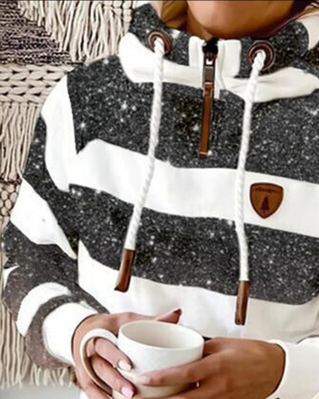 Camisola de manga comprida feminina com capuz, listrada, ombre, design de bolso, elegante, estilo urbano, outono, inverno, 2023