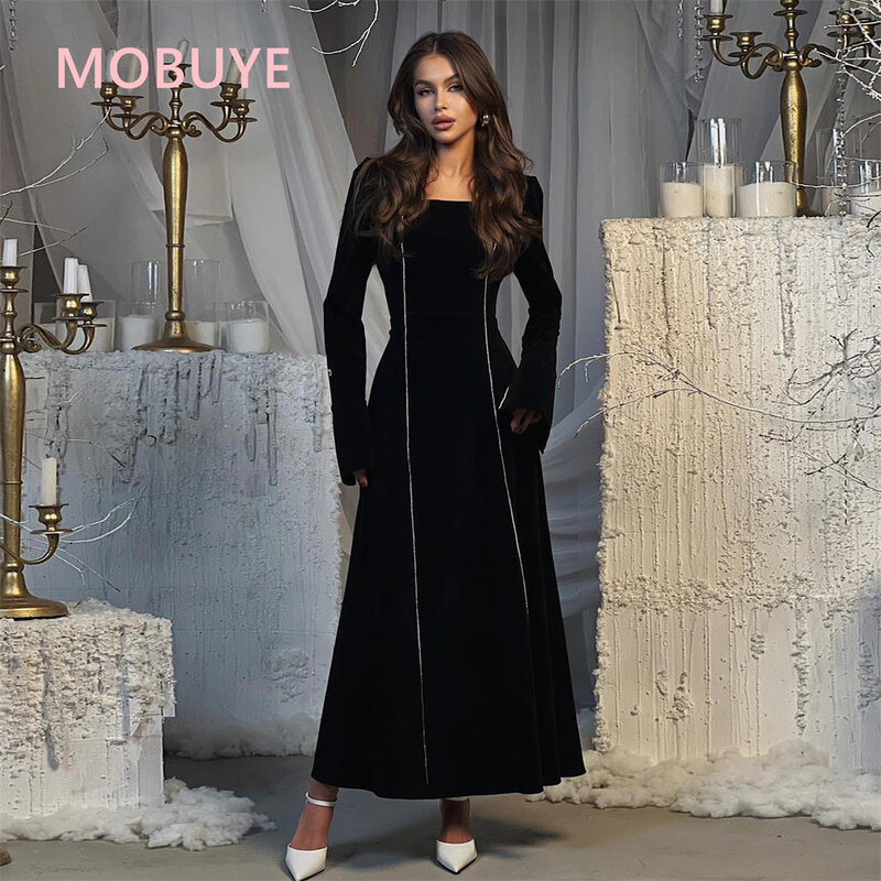 Mobuye 2024 Arab Dubai Vierkante Kraag Halslijn Prom Jurk Lange Mouwen Avond Mode Elegante Feestjurk Voor Vrouwen