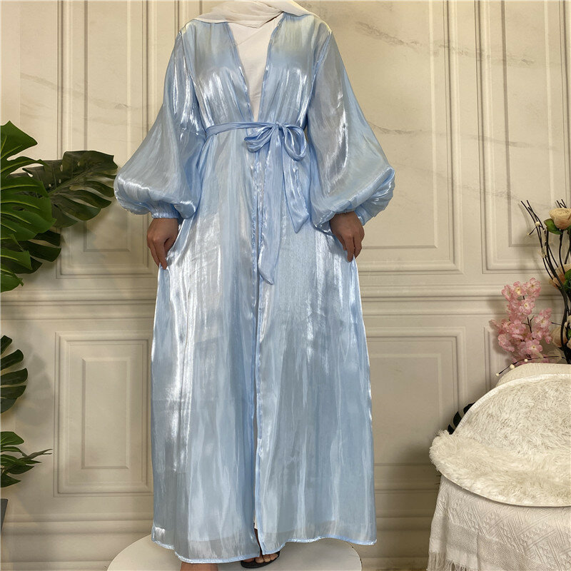 2024 New Muslim Casual Shiny Satin Cardigan Robe Coat Middle Eastern Solid Loose Sleeve Robe Clothing