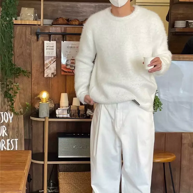 HOUZHOU Mohair maglioni uomo coreano addensare caldo maglia autunno inverno allentato Casual manica lunga pullover in pile Streetwear