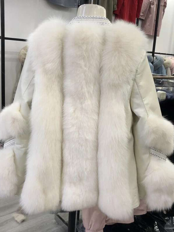 Casaco de pele de couro feminino patchwork manga comprida, jaqueta de inverno, cardigan glamoroso, casacos espessados para mulheres, qualidade superior, moda