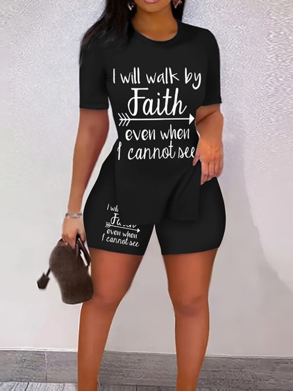 LW Letter Print Shorts Set summer short sleeved T-shirt and shorts two-piece set casual women's tracksuit matching sets