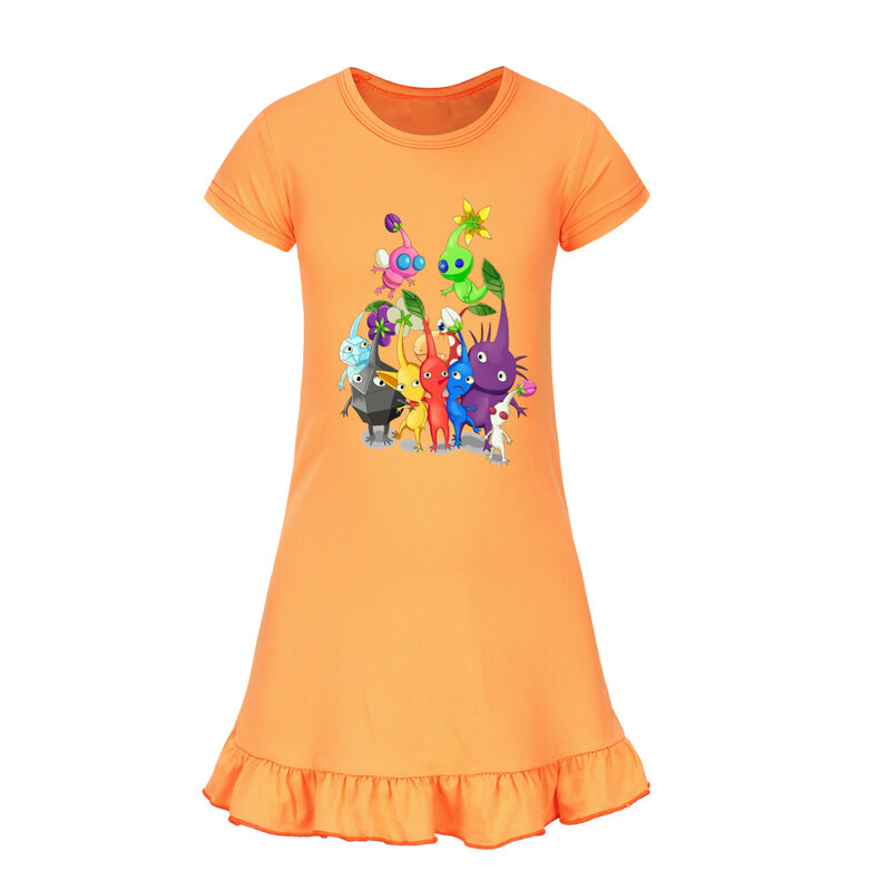 New Game Pikmin Clothes Baby Girls Casual Dresses Kids 2024 Summer Short Sleeve SleepDress Children Cartoon Casual Nightgowns
