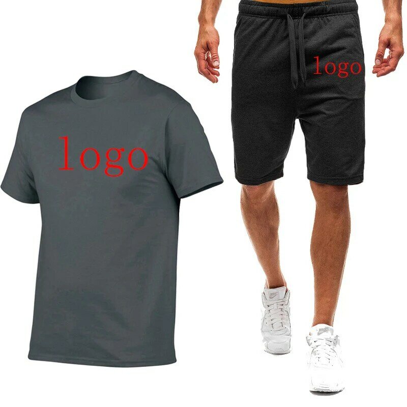 남성용 편안한 단색 면 티셔츠 스웻팬츠 2 종 세트, 맞춤형 로고 인쇄 패션, 반팔, 2023 여름 신상