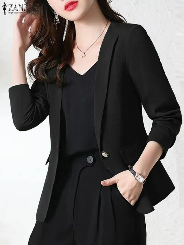 Однотонный Блейзер ZANZEA, женские модные костюмы с длинным рукавом, верхняя одежда, женская элегантная офисная блузка, винтажная рубашка на пуговицах, осенние куртки