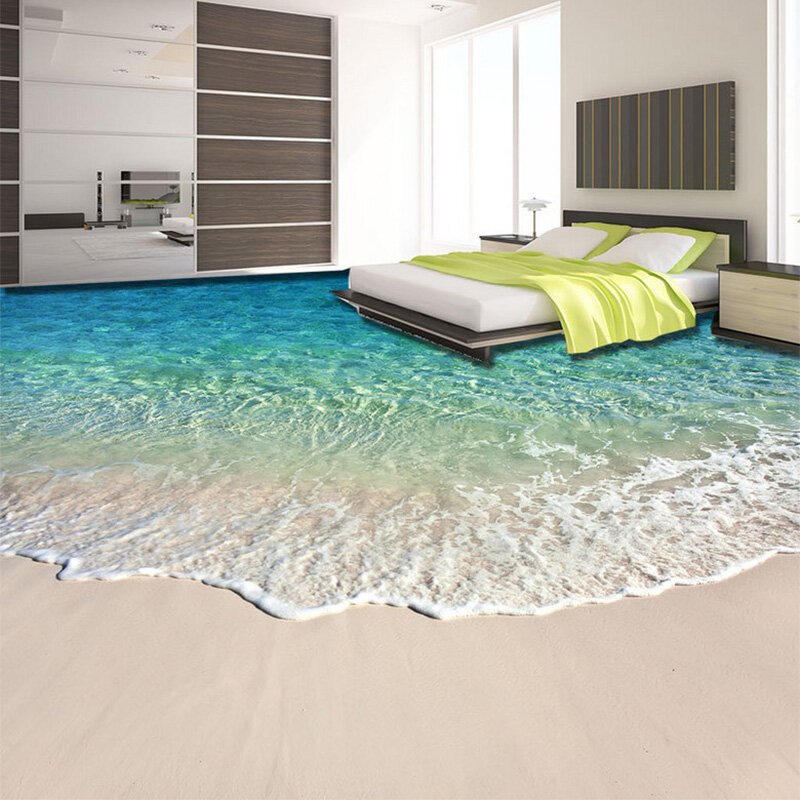 カスタム自己粘着床壁画写真の壁紙 3D 海水波フローリングステッカー浴室摩耗ノンスリップ防水壁論文