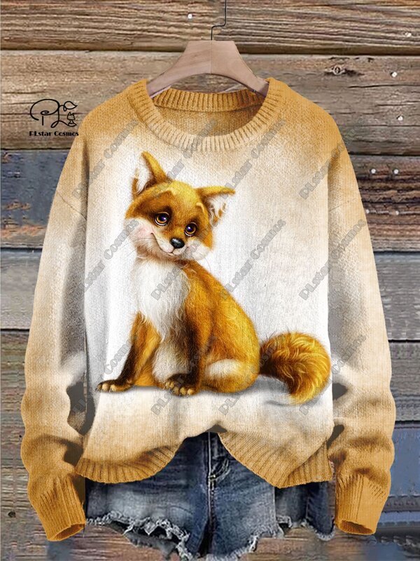 PLstar Cosmos new 3D printed animal series cute fox pattern ugly sweater winter street casual unisex