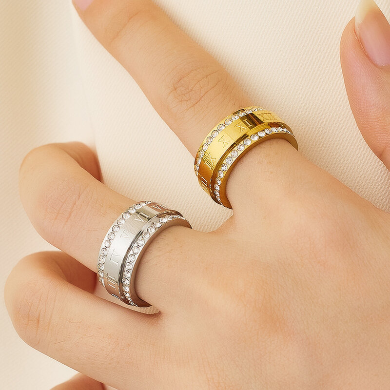 Double Row Zircon Titanium Steel Ring para mulheres, 18k banhado a ouro, impermeável, não alérgico Finger Jewelry Suit, presente polido
