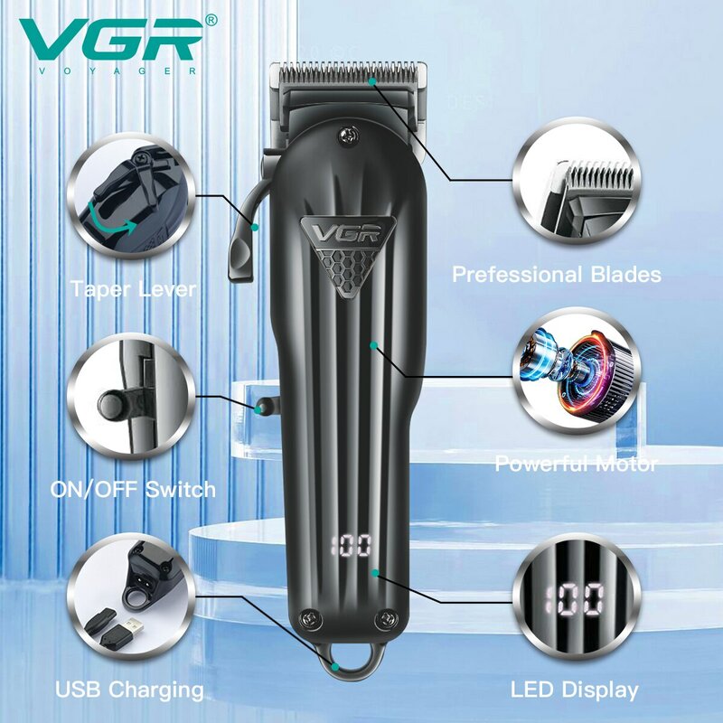 VGR 헤어 클리퍼 전문 헤어 커팅 머신, 헤어 트리머, 조정 가능한 무선 충전식 V 282