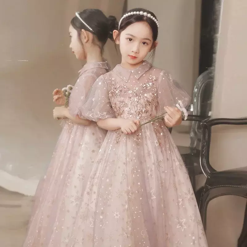 Girl's birthday fluffy gauze princess flower girl bubble sleeve, little girl piano performance dress, spring
