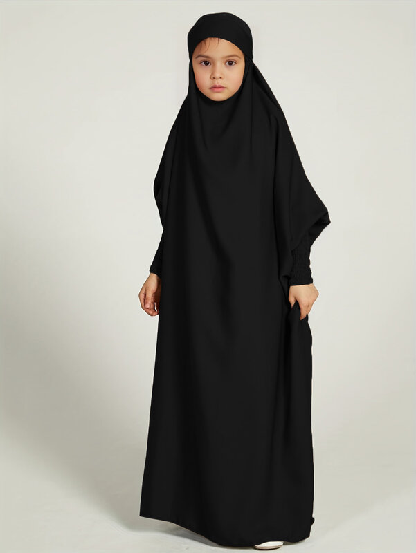 Vestido abaya muçulmano para crianças, vestido longo, cor sólida, kaftan, para o ramadã, presente para crianças