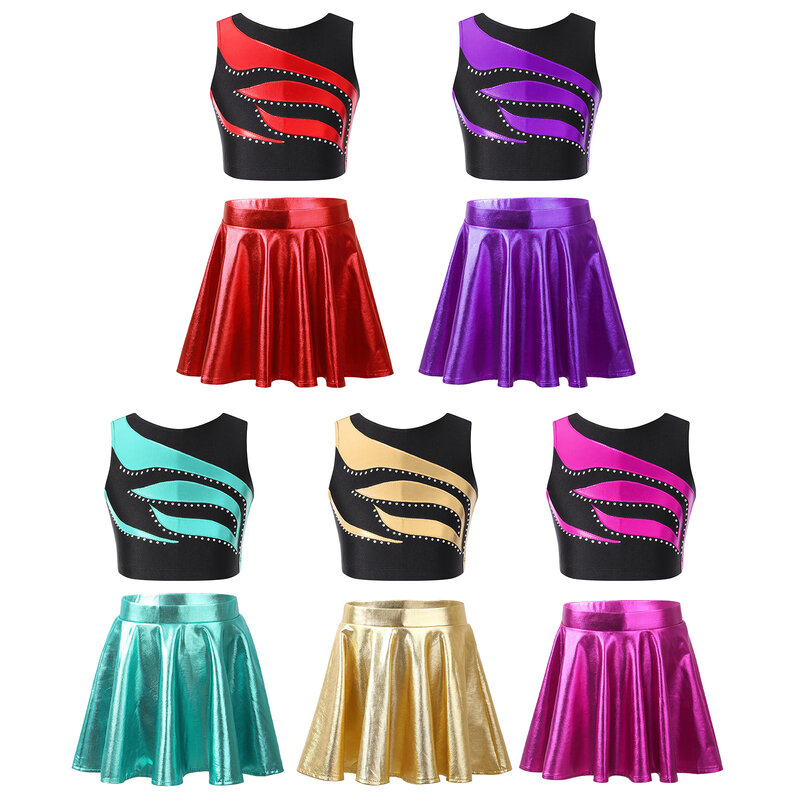 Kids Girls Metallic Shiny Dancing Clothes Sleeveless Round Neckline Shiny Patchwork Crop Top with A-Line Skirt Children’s Outfit