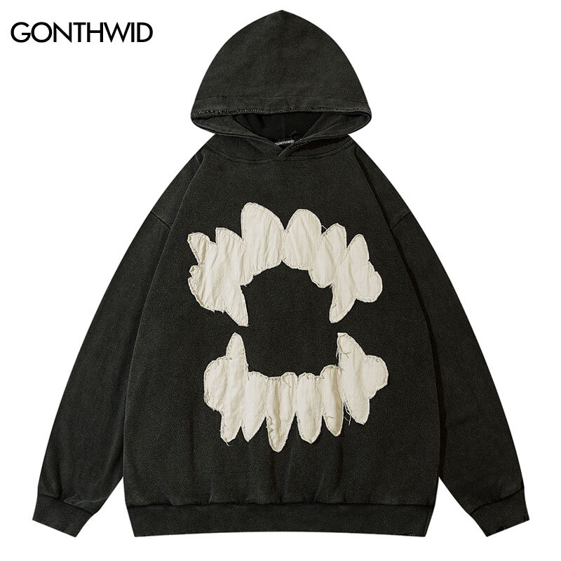 Sudadera con capucha Vintage para hombre, ropa de calle con parche bordado de dientes rasgados, Hip Hop Grunge, estilo gótico, estilo Harajuku, Y2K
