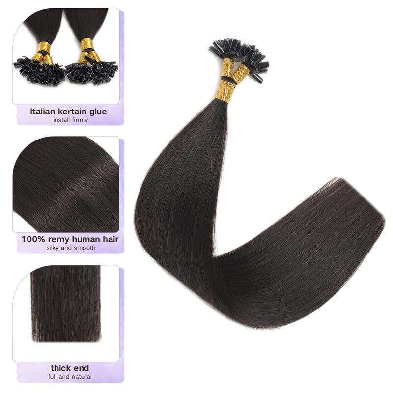 Straight U Dica extensões de cabelo, cabelo humano preto natural, Remy Hair, # 1B, 100 fios por pacote