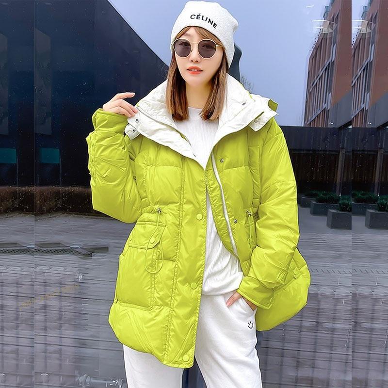 New Winter Women Mid-length Drawstring Waist Down Jacket Stand Collar Hooded Korean Long Sleeve Female White Duck Down Outwear