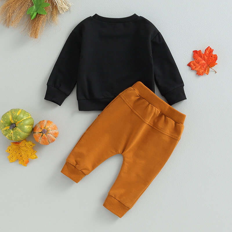VISgogo-Camisola de manga comprida e calças elásticas para bebés, roupa de Halloween, estampa de letras, roupa de duas peças para criança, outono, inverno