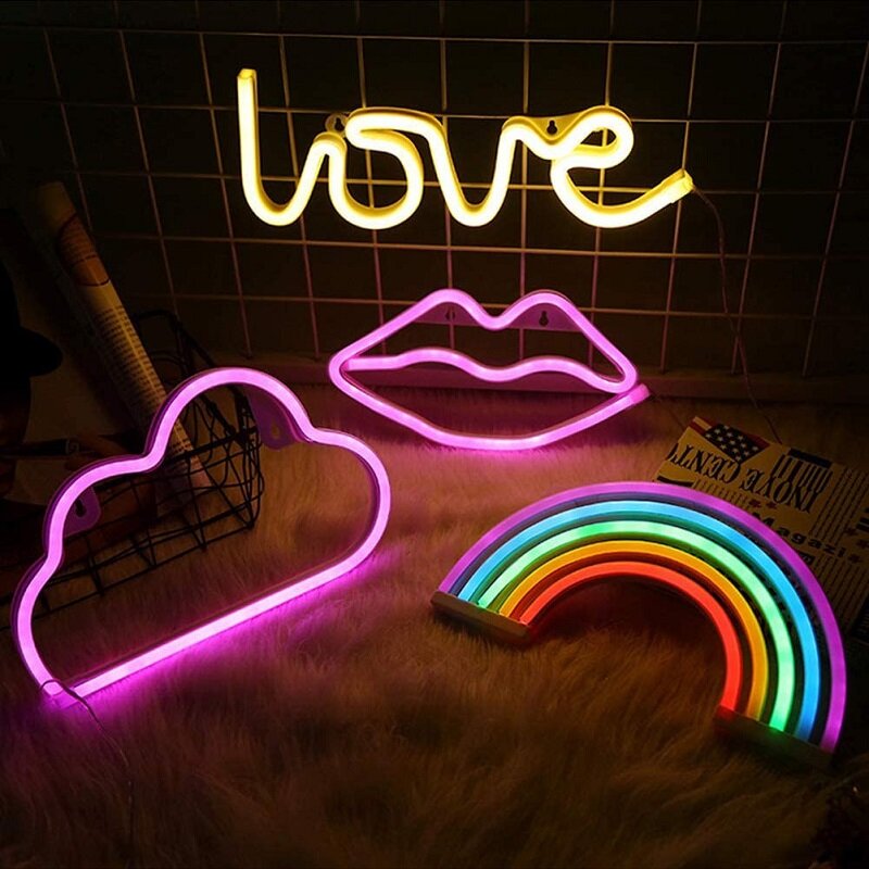 USB zasilany z baterii kreatywny znak neonowy światło LED miłość kot Rainbow Lip lampa neonowa na imprezę sypialnia ślubna Home Decor lampka nocna