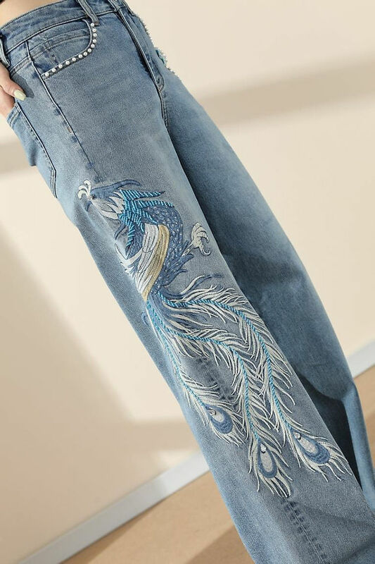 Calça jeans bordada Phoenix feminina, calça de perna reta, enfeite de pérolas, gráfico com estampa, verão, chique, estilo coreano