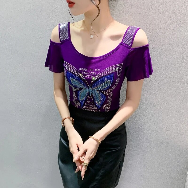 M-3XL Size Women Fashion Butterfly Letter Shiny Diamonds T-Shirt Design Sexy Off Shoulder Blouse Summer Ladies Tees Tops