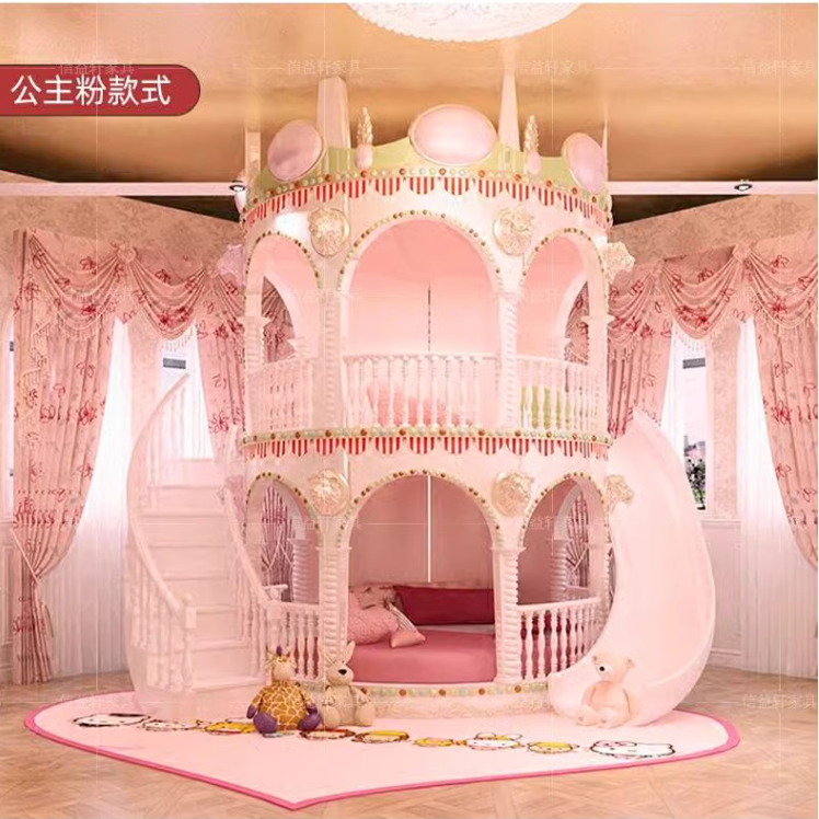 Cama princesa Double Deck para meninas, cama infantil com slide, castelo de sonho, europeu, rosa, alto e baixo, móveis personalizados