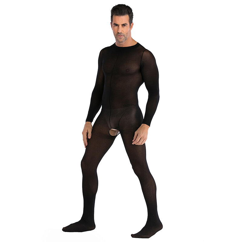 Pakaian dalam pria, Jumpsuit seksi tembus pandang elastis tinggi selangkangan terbuka leher bulat warna Solid lengan panjang klub malam piyama Bodysuit