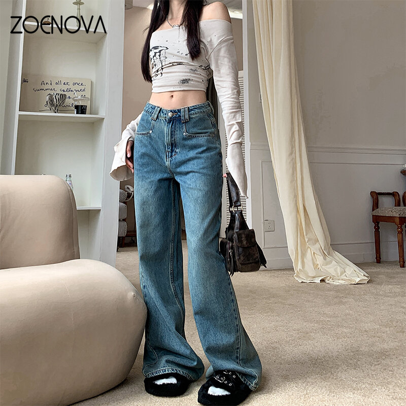 ZOENOVA-Jeans simples feminino, alta qualidade, Casual, Versátil, Liso, Solto, Perna larga, Maillard, Moda, Lady, Primavera, Outono, 2022