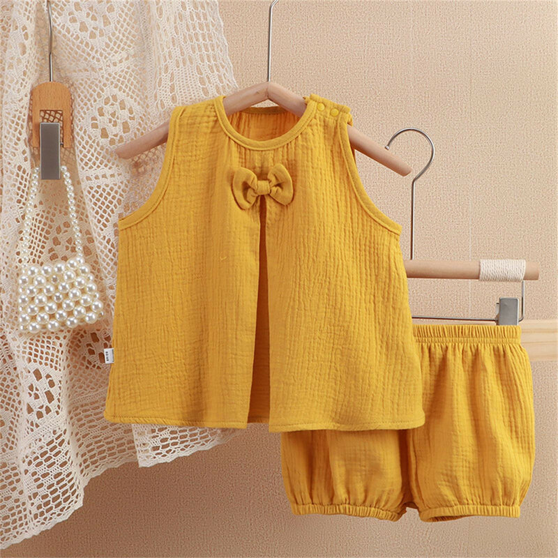 Комплект одежды для маленьких девочек, летняя хлопковая муслиновая рубашка без рукавов + шорты, модный топ + шорты, комплект из 2 предметов