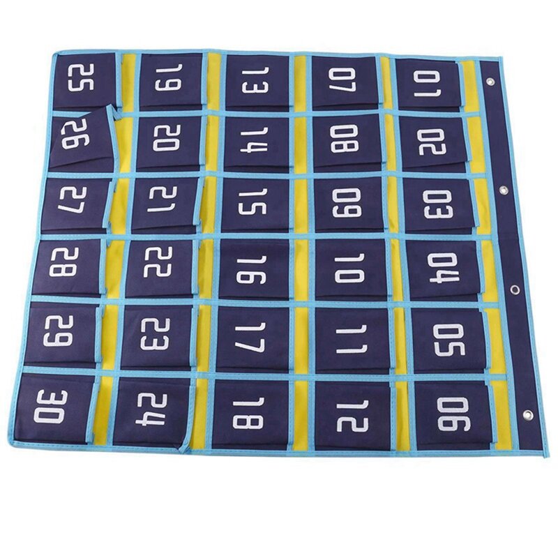5X organizador de aula con gráfico de bolsillo numerado para teléfonos móviles, soportes para calculadora, 30 bolsillos, bolsillos azules