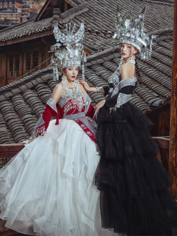 Miao 여성용 블랙 세트, 투지아 에스닉 스타일 트레일 원피스, 웨딩 사진, 몽족 마을 의류, 신상