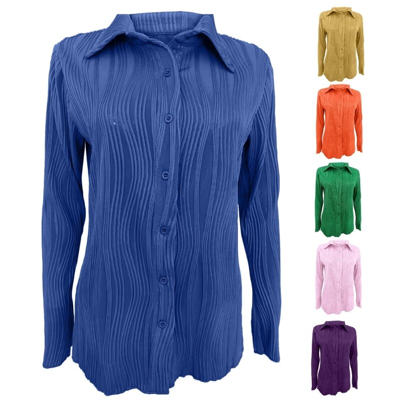 Blouse for Womens Casual Button Down Long Sleeve Shirts Collared Fitted Tunics Tops Fashion Stretch Pleated T Shirt