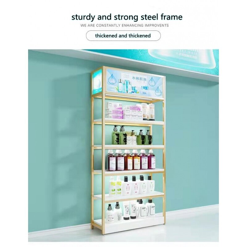 Estantería de hierro y madera personalizada para supermercado, estante de almacenamiento de buena calidad, soporte de exhibición de cosméticos, gabinete con caja de luz