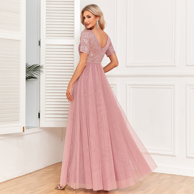 2024 Damen elegantes kurz ärmel iges Kleid mit Spitzens tickerei V-Ausschnitt A-Linie Pailletten Abendkleid Brautjungfer Party Abschluss kleid
