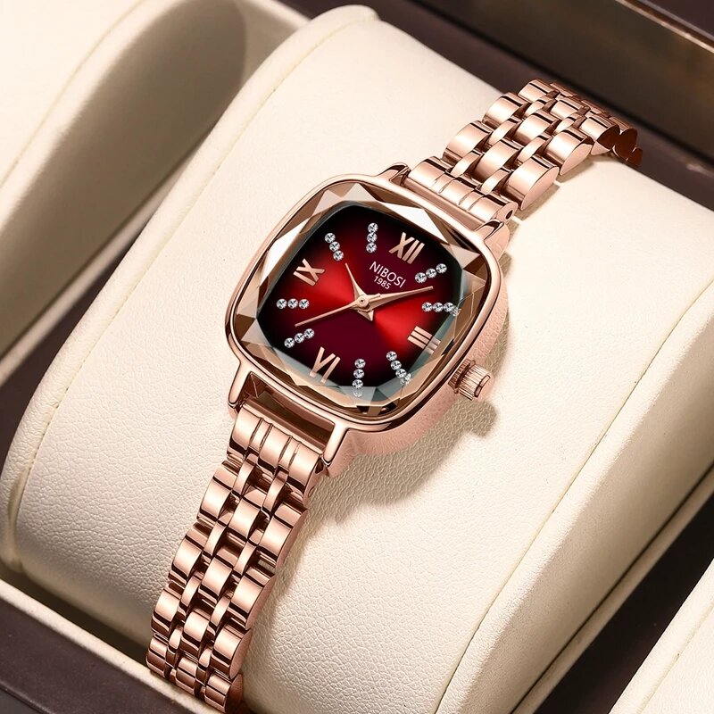 NIBOSI-Relógio Quartz para Mulher, Ouro Rosa, Pulseira de Aço Inoxidável, Impermeável, Relógios de Luxo, Vermelho, Brand Fashion