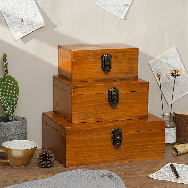 Retro Solid Wood Size Desktop Jewelry Finishing Box with Lock Wood Box Storage Box Storage Box