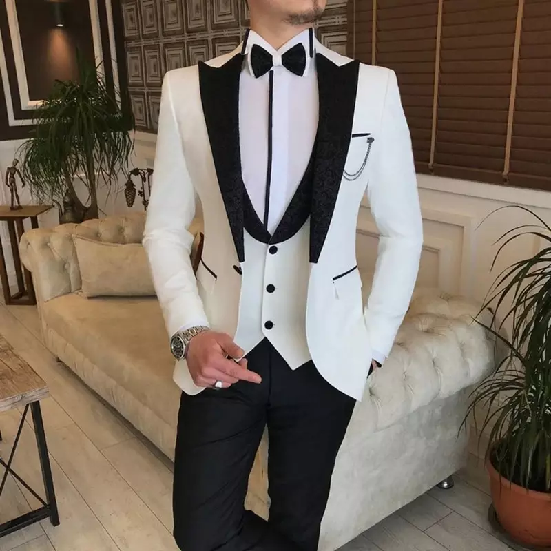 White Wedding Blazer Men Suits Single Breast Black Jacquard Peak Lapel Formal Occasion Slim Fit Prom Outfits (Jacket+Pants +Wais