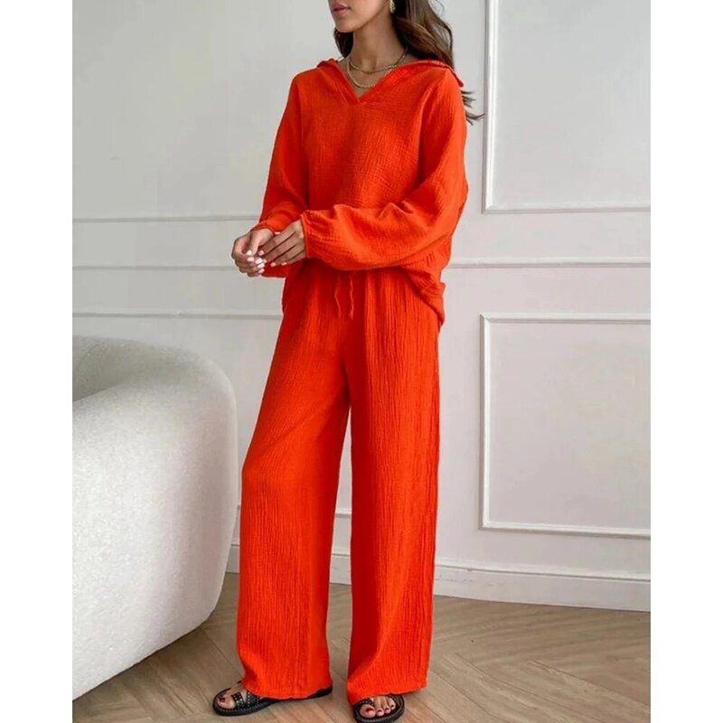 Conjunto de camisa de manga larga con cuello en V y pantalones de pierna ancha con cordón para mujer, ropa elegante de 2 piezas, Color sólido