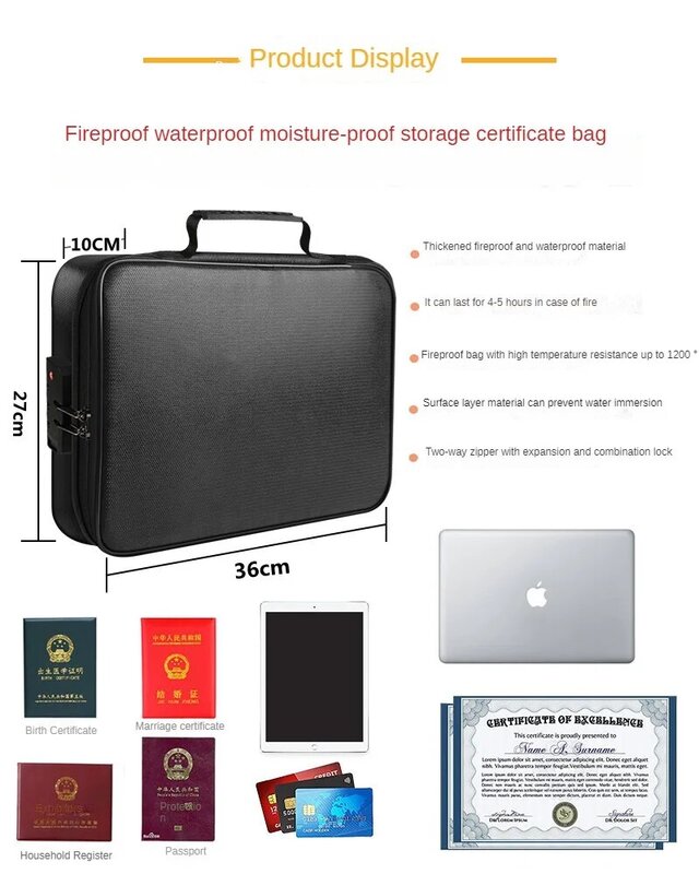 Saco de armazenamento multi-camada à prova de fogo, de grande capacidade, saco documento impermeável, Home Travel Ticket Safety Bag