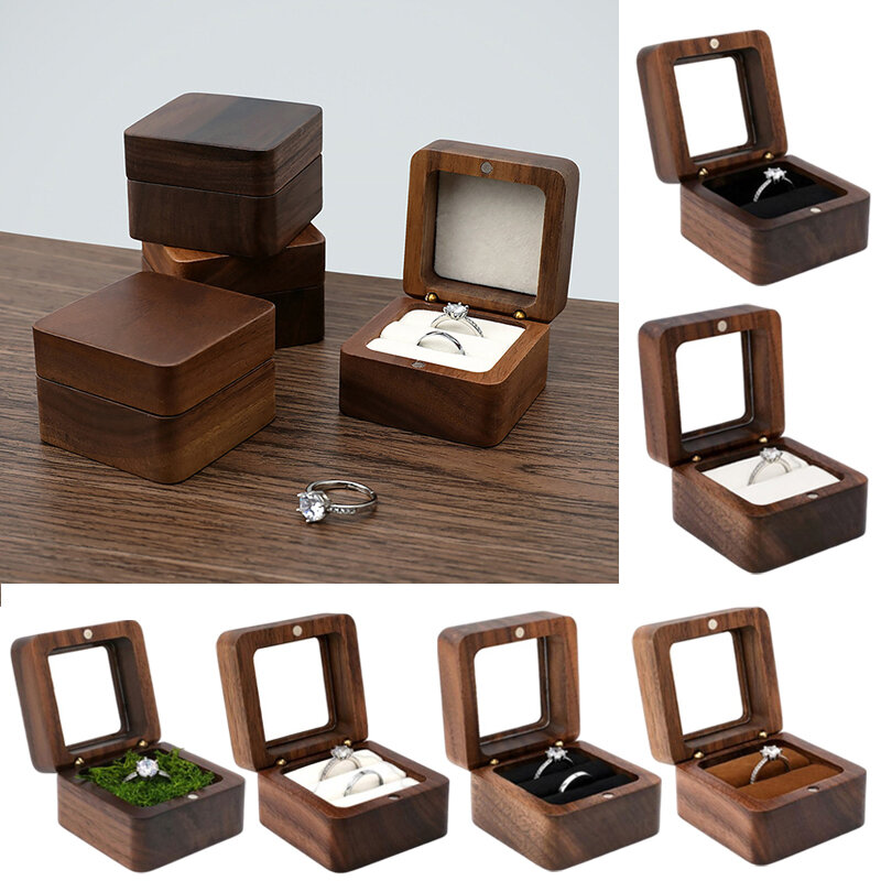 Caja de madera Vintage para anillos, organizador de joyas, soporte cuadrado de madera para anillos de boda, pendientes, embalaje de exhibición de joyas, Cajas de Regalo
