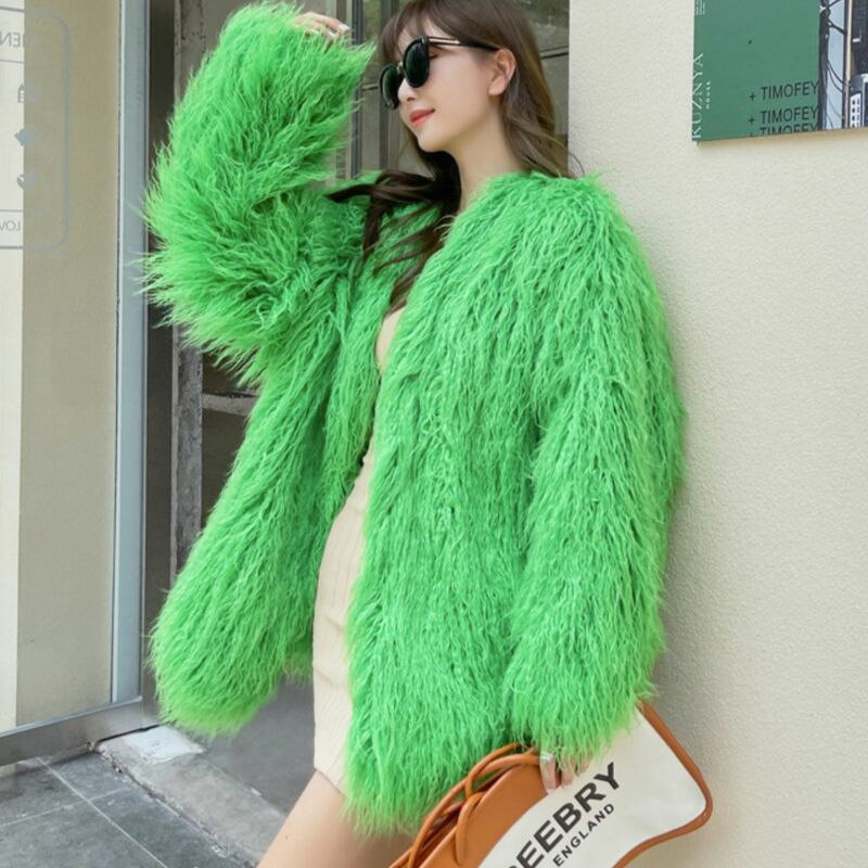 Fur imitation beach wool medium length V-neck loose fluffy lamb wool coat