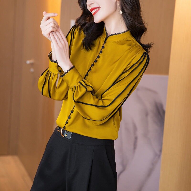 Blus kancing Satin polos kasual elegan, pakaian wanita Y2k kerah berdiri Korea lengan panjang longgar