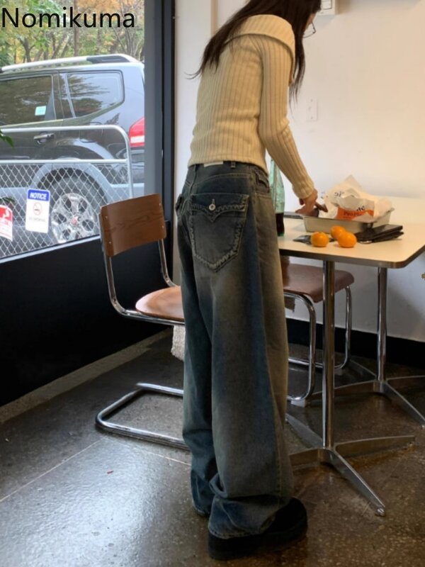 Pantalones vaqueros coreanos de pierna ancha para mujer, ropa de calle Vintage Y2k, pantalones sueltos informales elegantes, pantalones vaqueros de cintura alta para mujer 27w452