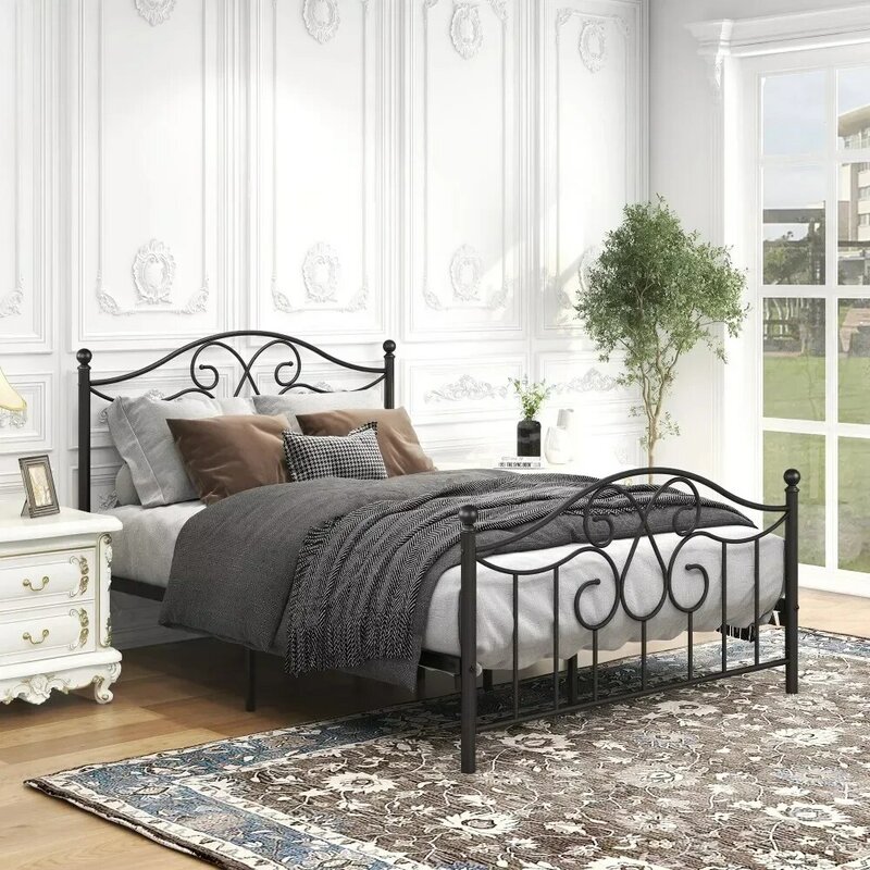 Cadre de lit pleine grandeur, cadres de lits à plateforme en métal avec planche de sauna et marchepied, cadre de lit robuste et robuste