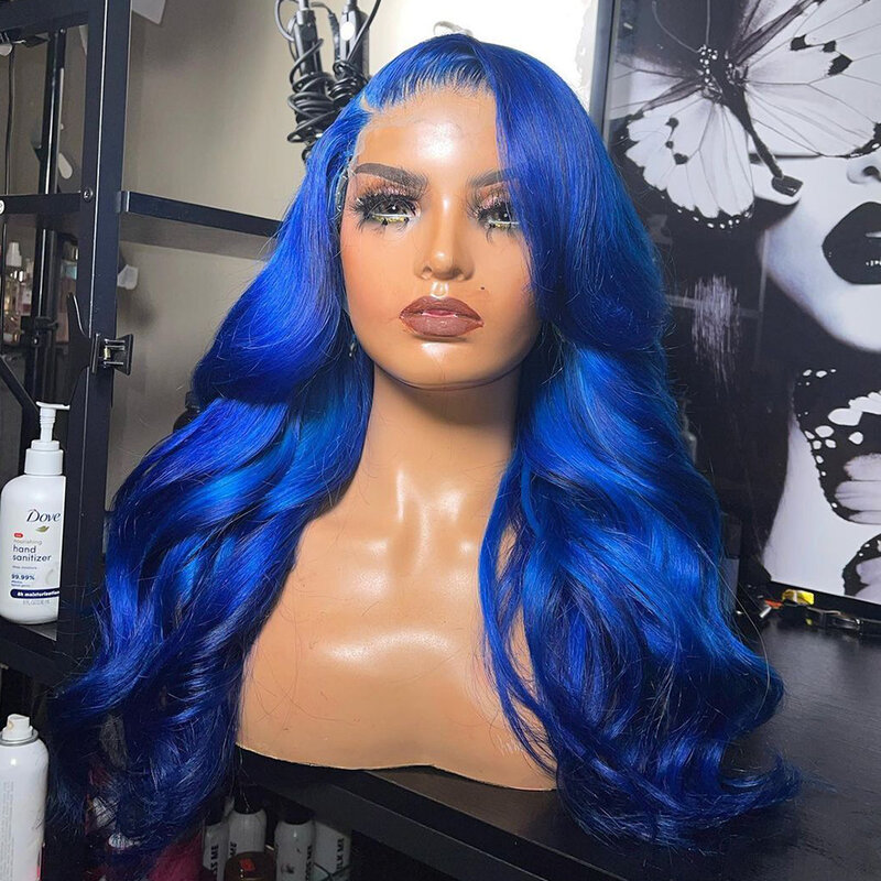 Glueless Lace Front Wig Human Hair Brazilian Ombre Blue Color Body Wave Lace Closure Wig for Women 13x4 HD Transparent Lace Wigs