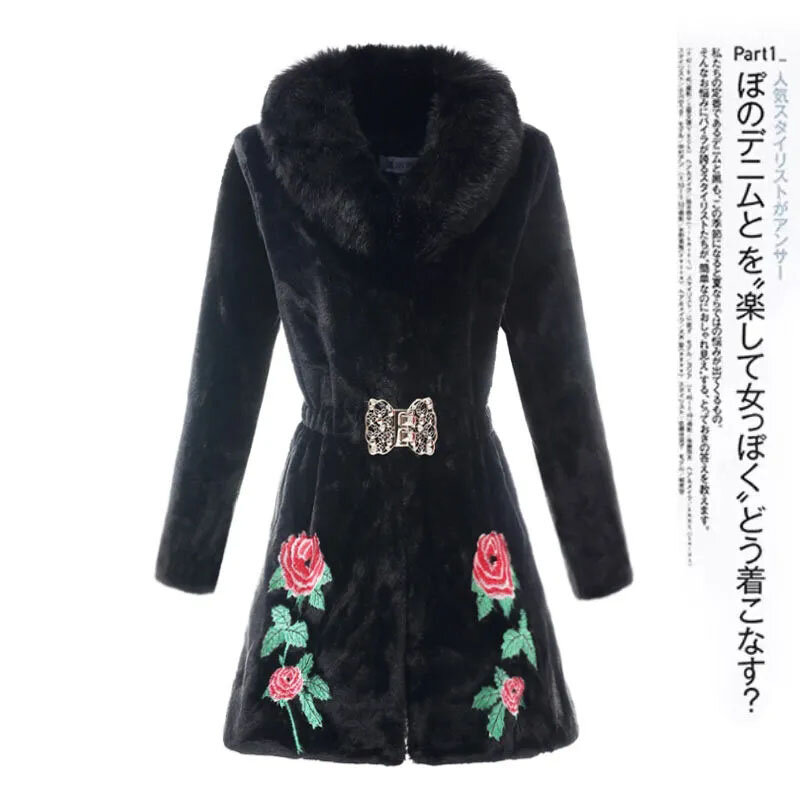 Embroidery Women Fall/Winter2023New Mother's Wear Thick Mink Velvet Jacket V-Neck Faux Fur Outwear Ladies Mid-Length Overcoat