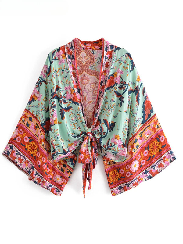 Кимоно в стиле бохо для отпуска, короткий женский купальник с павлином, Модный цветочный купальник с рукавами «летучая мышь», богемное бикини, накидки, пляжная одежда