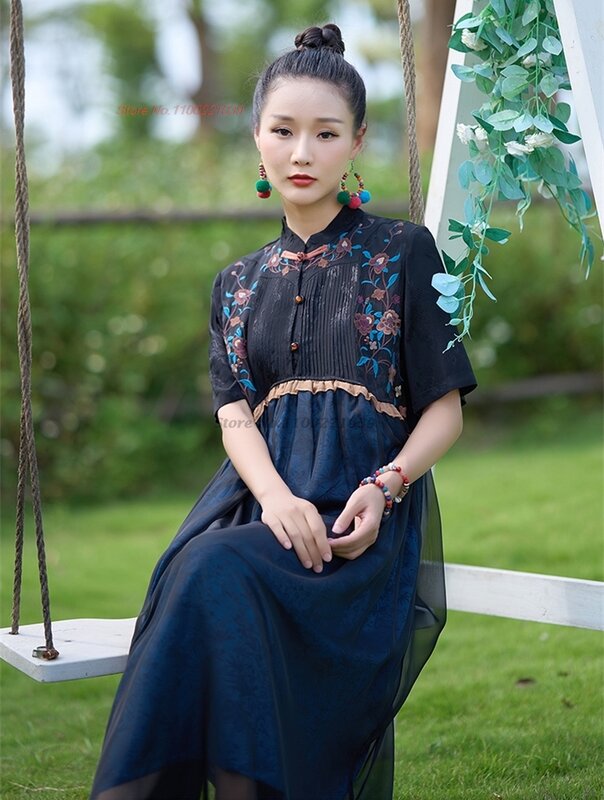 Vestido vintage chino tradicional, bordado nacional de flores, hanfu, vestido de retazos de satén retro, vestido oriental de línea A, 2024